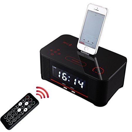 PowMax Digital Dual Alarm FM Clock with Radio Bluetooth 4.0 Speaker, Battery Backup, Snooze and Sleep Timer, Large Display, NFC Compatibility, Lightning Dock for Iphone/Ipad/Ipod---Black
