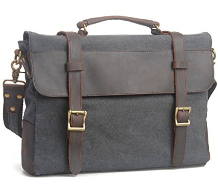Bronze Times(TM) Retro Cotton Canvas and Leather Shoulder Messenger Bag Briefcase Fits 15" Laptop