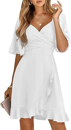 Dokotoo Women's Wrap V Neck Short Flared Sleeve Wedding Guest Dress Smocked Elastic Waist Tiered Belted Ruffle Hem Mini Dress