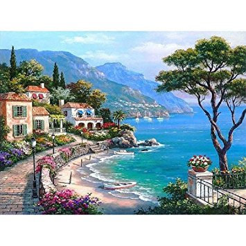 Diy Oil Painting Paint by Number Kit with Scenery Peaple 16x20inch (Frameless, Mediterranean Sea)