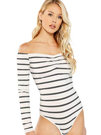 DIDK Women's Off Shoulder Striped Cross Front Bodysuit