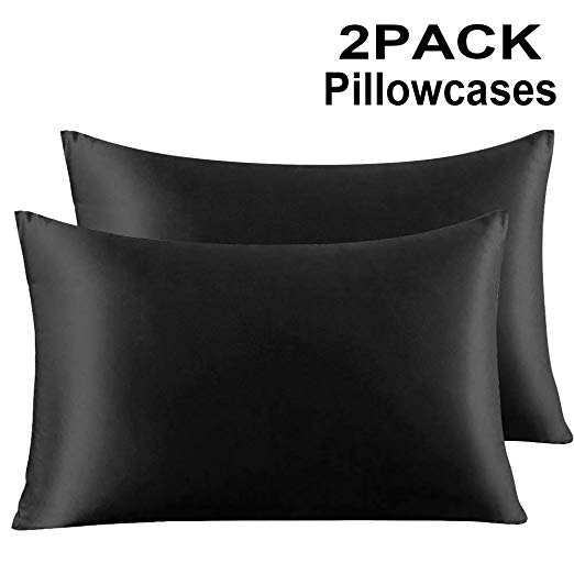 YOSICO Satin Pillowcase for Hair and Skin Two-Pack Queen Size Luxury and Soft Silky Pillow Cases with Zipper Closure (Black, 20" x 30")