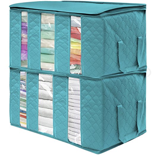 Sorbus Foldable Storage Bag Organizers, 3 Sections, Great for Clothes, Blankets, Closets, Bedrooms, and more (2 Pack, Aqua)