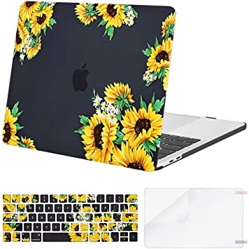 MOSISO Compatible with MacBook Pro 13 inch Case 2016-2020 Release A2338 M1 A2289 A2251 A2159 A1989 A1706 A1708, Plastic Sunflower Hard Shell Case & Keyboard Cover Skin & Screen Protector, Black