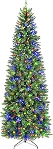 Hykolity 6.5 ft Pencil Pre-Lit Christmas Tree, Artificial Slim Christmas Tree with 200 Multicolor LED Lights, 544 Branch Tips, Metal Stand and Hinged Branches, 10 Color Modes