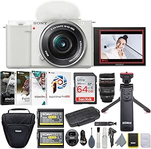 Sony Alpha Lens Mirrorless Vlog Camera with 16-50mm Lens (White) Bundle with Camera Grip, Software Suite, Battery (2-Pack) and Dual Charger, Case, Memory Card, Carrying Case, and Lens Mug (8 Items)