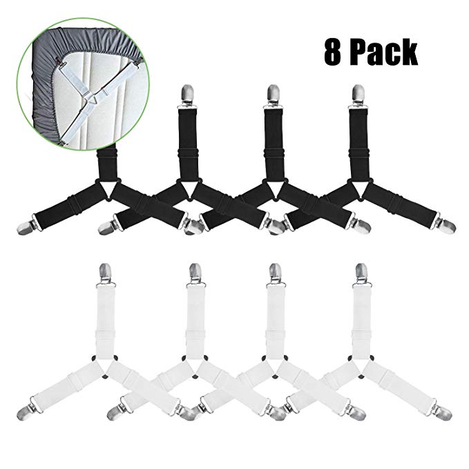 8 Piece Bed Sheet Tensioner sheet fastener with Metal Clips, 3-Way Adjustable Triangle Sheet Straps, Elastic Linen Straps Suspenders for Bedding, Mattress Covers & Sofa Cushions (Black & White)