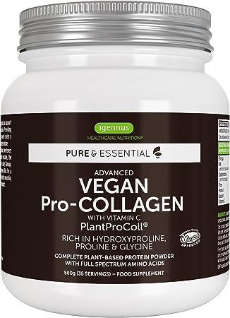 Vegan Collagen Powder, Plant-Based Peptide Protein Supplement with Glycine, 21 Amino Acids & Vitamin C, Complete Collagen Boosting Formula, 35 Servings, by Igennus