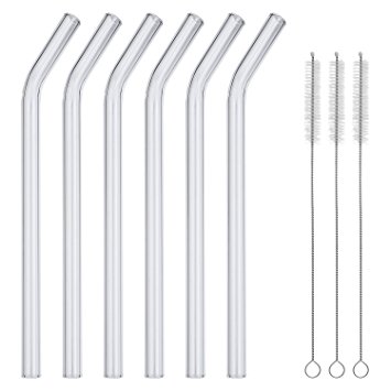 GINOVO 10" x 10mm Transparent Clear Reusable Bent Glass Drinking Straws, Set of 6 with 3 Cleaning Brushes