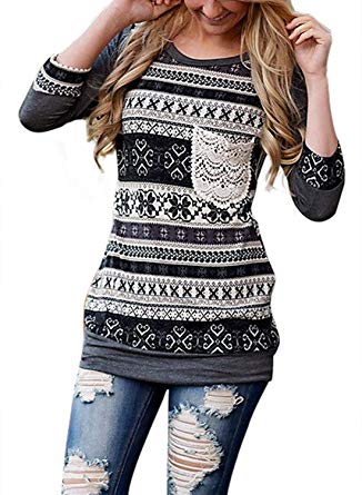 Podlily Women 3/4 Sleeve Casual Stripes Top With Front Lace Crochet Pocket Blouses(S-XXL)