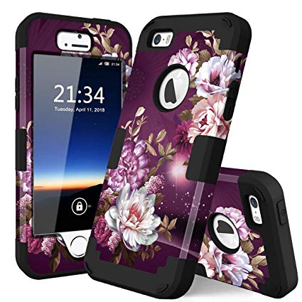 iPhone 5s Case, iPhone SE Case, Hocase Heavy Duty Shockproof Protection Hard Plastic Silicone Rubber Bumper Dual Layer Full-Body Protective Phone Case iPhone SE/5s/5 - Royal Purple/White Flowers