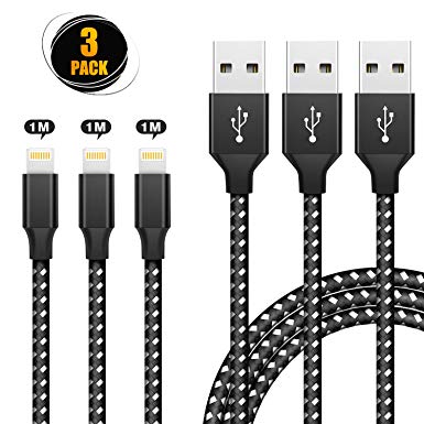 Ankoda Lightning Cable 3Pack 1M Nylon Braided iPhone Charger Cord Compatible with iPhone XS/XS Max/XR/iPhone X / 8/8 Plus / 7/7 plus / 6s / 6s Plus / 6/6 plus/iPad and More (Black&Silver)