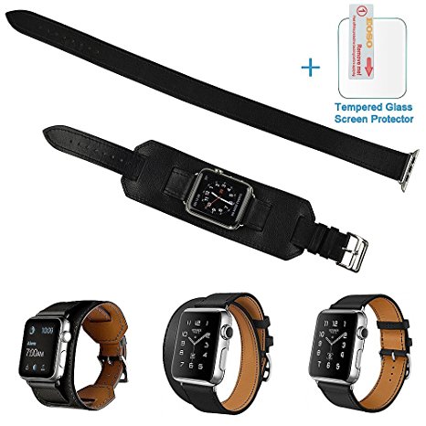 3 in 1 Apple Watch Leather Cuff Band,Eoso [Bracelet/Single/Double] Leather Loop Band for Apple Watch,Sport,Edition Models(Band Cuff Black,42mm)