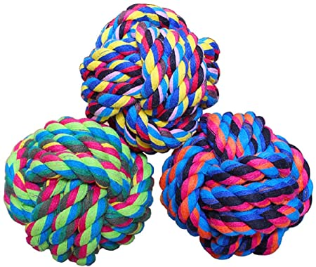 Wellbro Pet Chew Toy, Knots Weave Cotton Rope, Biting Small Ball for Dogs & Cats, 3 in One Pack