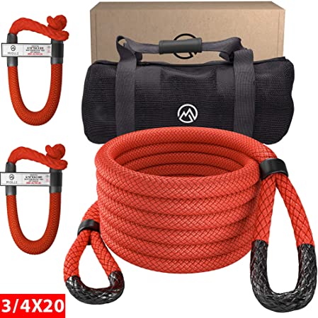 Miolle 3/4" x 20' Kinetic Recovery & Tow Rope, Red (19200lbs), with 2 Soft Shackles 5/16' x 6' (20700 lbs) Great for Your Car, Truck, SUV, Jeep, ATV, UTV, Or Snowmobile