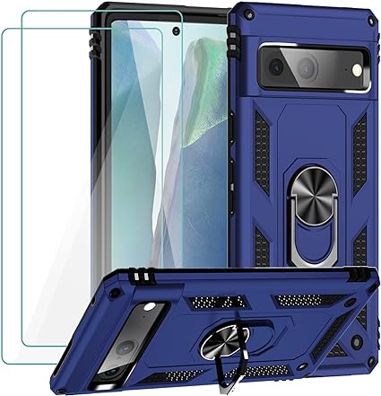 Muntinfe for Google Pixel 7 Case with Tempered Glass Screen Protector [2 Pack], Military-Grade Armor Shockproof Protective Phone Case Cover with Ring Magnetic Kickstand for Pixel 7, Blue
