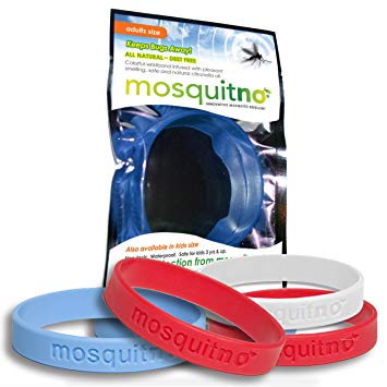 Mosquitno Natural, Citronella, Waterproof Mosquito Repellent Wristbands, Adult, 5-Pack, Red/White/Blue