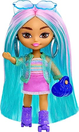 Barbie Extra Mini Minis Doll with Blue Hair, Sporty Outfit, Roller Skates & Accessories & Stand, 3.25-Inch