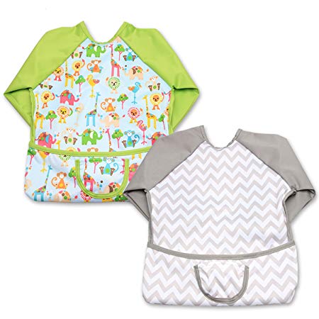 Luxja Baby Waterproof Sleeved Bib, Long Sleeve Bib for Toddler (6-24 Months), Animal World   Gray Chevron