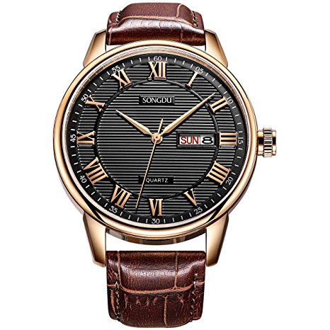 SONGDU Men’s Day Date Quartz Watch Black Dial with Rose Gold Hands Brown Calfskin Leather Band