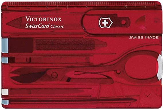 Victorinox Swiss Card, Swiss Made Pocket Tool, Credit Card Size, 10 Functions, Pen, Scissors, Red Transparent