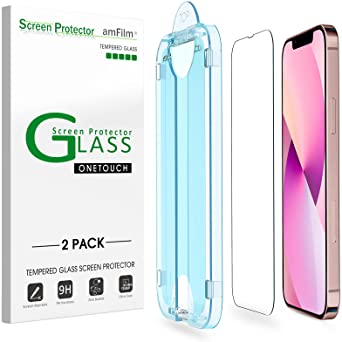 amFilm (2 Pack) OneTouch Glass Screen Protector Compatible with iPhone 13 Mini (5.4") with Easy Installation Kit, Case Friendly