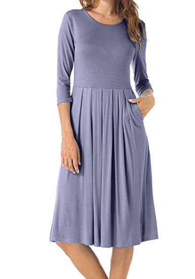 levaca Women's 3/4 Sleeve Pleated Loose Swing Casual Midi Dress With Pockets