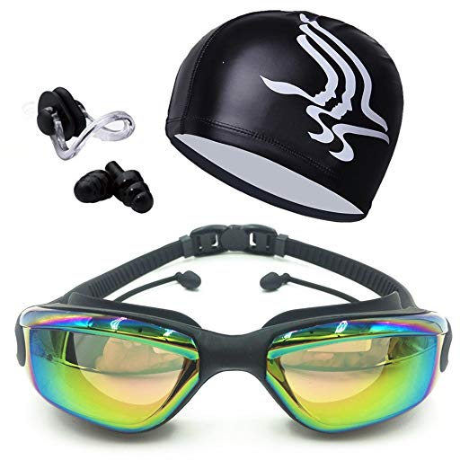 TR318 Swim Goggles Swim Cap Nose Clip EarPlugs, Clear Swimming Goggles Coated Lens No Leaking Anti Fog UV Protection for Adult Men Women Youth Kids