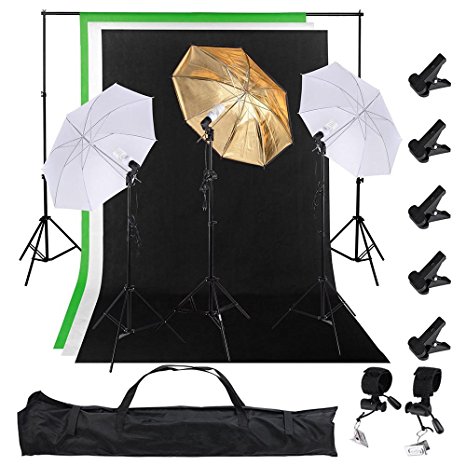 AW Photo Studio 33" 5500K 2x Diffuser Umbrella Golden Reflector Umbrella Backdrop Stand 3 Background 10'x5' Kit