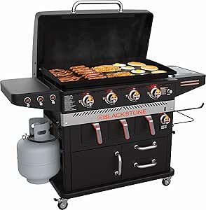 Blackstone 1923 Air Fryer Combo & Four Burners Stainless Steel Gas Hood, Wheels, Two Side Shelf – Heavy Duty Outdoor Griddle Station for Backyard, Patio, 36 inch Black