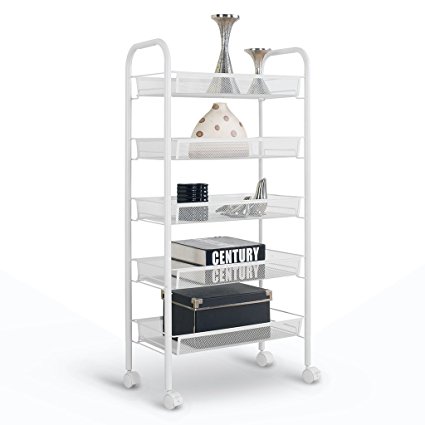 LANGRIA All Purpose Shelving, 5 Tier Serving Trolley, Metal Mesh Storage Units, Sturdy Rolling Cart, Suitable for Kitchen, Home, Office, White