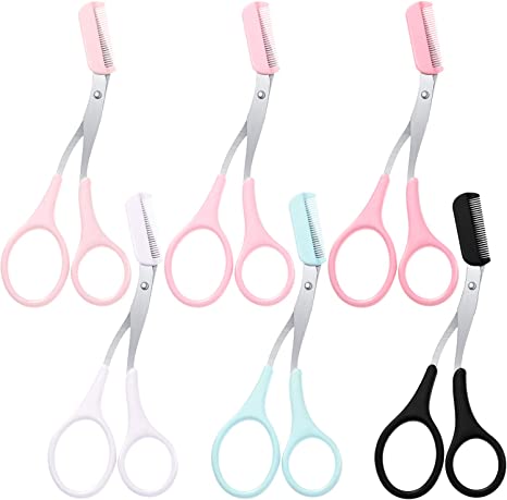 6 Pcs Eyebrow Comb Scissors Curved Eyebrow Trimmer Grooming Small Scissors with Comb Stainless Steel Eyebrow Eyelash Hair Remove Tool for Women Men