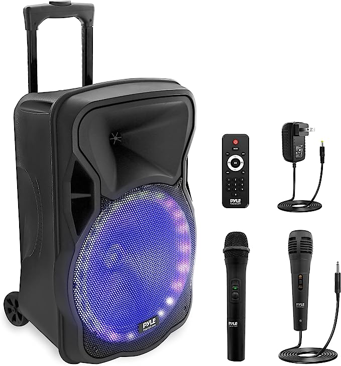 PyleUsa Portable Bluetooth PA Speaker-300W 12” Rechargeable Indoor/Outdoor BT Karaoke Audio System - LED Display, FM/AUX/MP3/USB/SD,1/4" in, Handle, Wheels-Wireless & Wired Mic, Remote Control