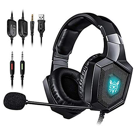 PC Gaming Headset, OPPSK Gaming Headphones for PS4, Xbox One, PC Surround Sound Over-Ear Headphones Compatible with Noise Canceling Mic, LED Light, Soft Memory Earmuffs, Volume Control