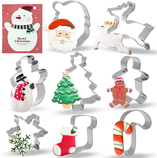 Conleke Christmas Cookie Cutter Set, 8 Pieces Stainless Steel Cutters Molds for Making Santa, Gingerbread Men, Reindeer, Christmas Tree, Snowflake, Snowman, Sock, Candy Canes with Merry Christmas Card