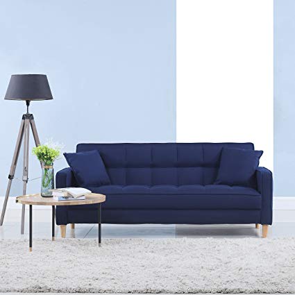 Modern Linen Fabric Tufted Small Space Living Room Sofa Couch (Dark Blue)