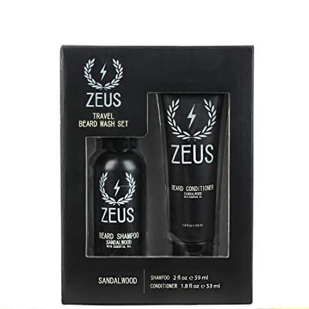 ZEUS Travel Beard Shampoo (2 oz) and Beard Conditioner (1.8 oz) Set for Men (Scent: Sandalwood)