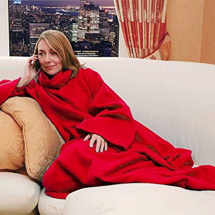Snuggle Fleece Blanket Cozy Wrap Warm Throw Travel Plush Fabric With Sleeves As Seen On TV- Red