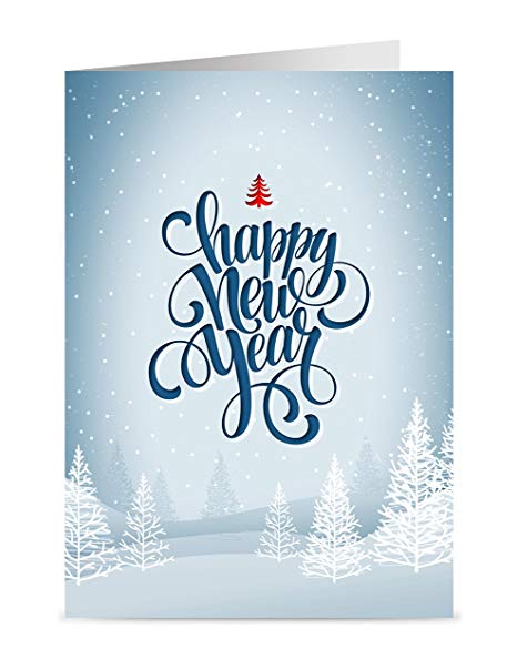 Happy New Year Cards - One Jade Lane - Winter White, 5x7, Heavy Stock, Set of 18 Holiday Cards & Envelopes.