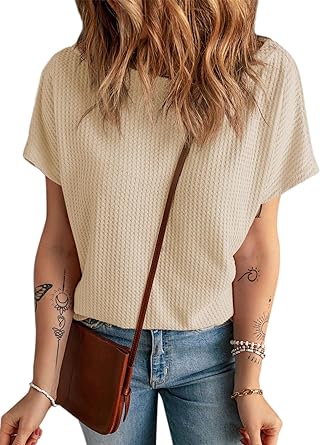 Dokotoo Women's Causual Boat Neck Short Sleeve Waffle Knit Shirts Loose Summer Tunic Tops Blouses