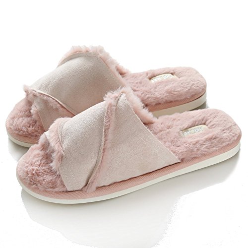 Women's Slippers,Open Toe Faux Fur Memory Foam Comfort Indoor House Shoes Anti-Skid PVC Sole by FITORY