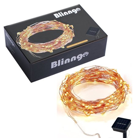 Blinngo Solar Powered String Lights, 100 LED 33ft Starry String Lights, Copper Wire Lights Ambiance Lighting for Outdoor, Gardens, Homes, Dancing, Christmas Party (Warm White)