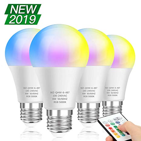 4-Pack RGB LED Light Bulbs Remote Control, A19 E26 Edison Screw Base, RGBW Dimmable Color Changing Bulb 60W Equivalent, 16 Colors Memory Function Decorative Lights for Bar, Stage, Home, Party