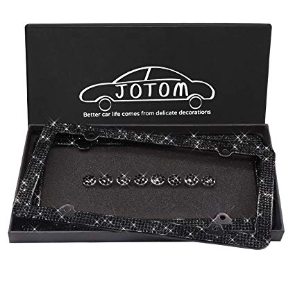 JOTOM Waterproof Handmade 800pcs  Finest SS20 14 Facets Bling Crystal Diamond Stainless Steel License Plate Frame with 4 Holes (2 PACK Black)