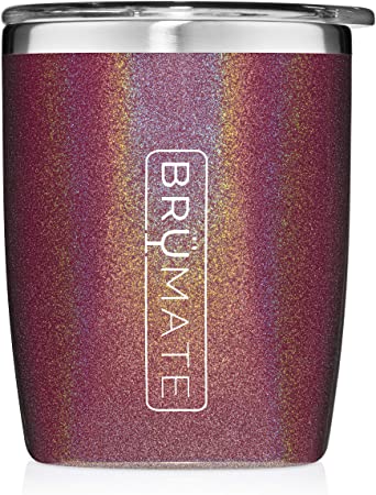 BrüMate Rocks 12oz Insulated Low Ball Cocktail Tumbler With Splash-proof Lid - Made With Triple Insulated Stainless Steel (Glitter Merlot)