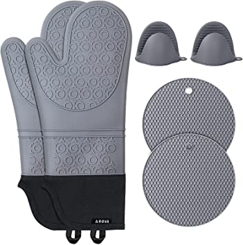 Silicone Oven Mitts, Extra Long Pot Holders and Oven Mitts Sets, Oven Gloves Heat Resistant, Cooking Gloves Non-Slip, 2pcs Trivets & 2pcs Mini Pinch Mitts, Kitchen Mittens for Baking Cooking BBQ