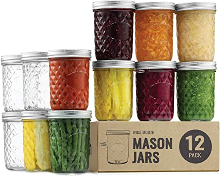 Wide Mouth Glass Mason Jars, 16 Ounce Glass Canning Jars with Silver Metal Airtight Lids and Bands with Chalkboard Labels, for Canning, Preserving, Meal Prep, Overnight Oats, Jam, Jelly, (12 Pack)