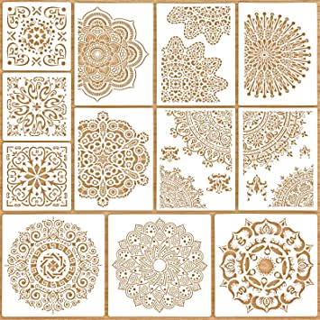 12 Pieces Large Mandala Stencil Reusable Stencil Laser Cut Painting Template for Wall Tile Floor Fabric Furniture Painting, 12 Styles, 3 Sizes