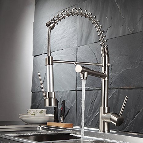 Fapully Kitchen Faucet Contemporary Spring Design Single Handle Copper with Pull Down &Out Sprayer In Brushed Nickel
