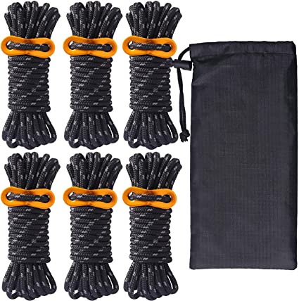 HIKEMAN Guy Rope 4mm Reflective Cord Guy Line Tent Guide Rope with Aluminum Adjuster 13 Feet 6 Pack for Tent Tarp Outdoor Packaging